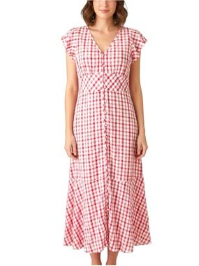 Ann Taylor LOFT Sz 6 Red White Gingham Plaid Flutter Sleeve Maxi Prairie Dress